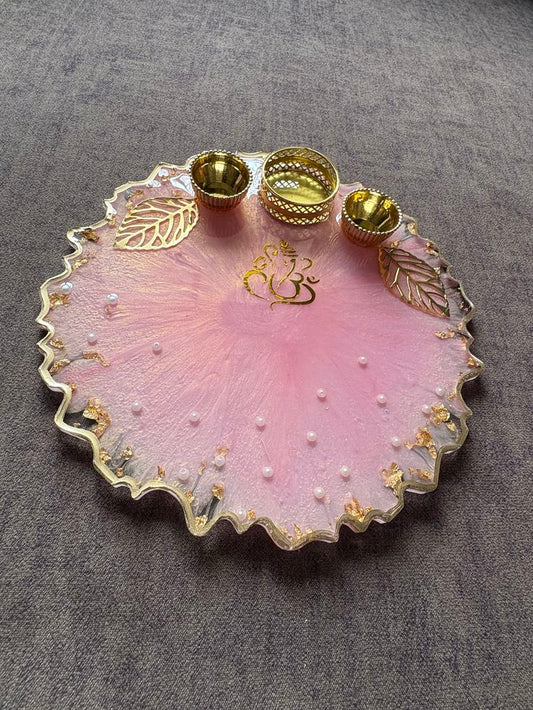 Handcrafted Pink Resin Pooja Platter with Golden Bowls & Ganesha Design