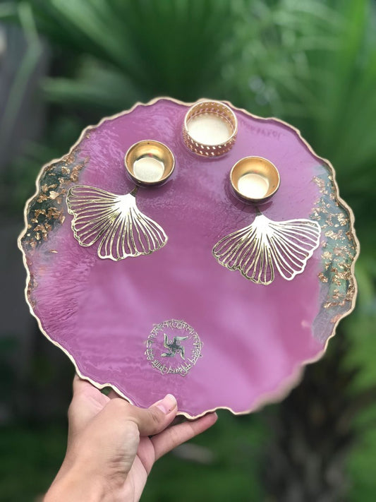 Handcrafted Purple Resin Pooja Platter with Golden Bowls & Swastik Design