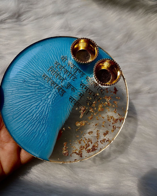 Blue Resin Pooja Platter with Golden Bowls & Mantra Design | Handmade Festival & Wedding Tray