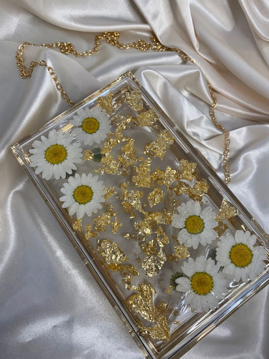 Resin Daisy Clutch Bag | Clear Floral Purse with Gold Foil