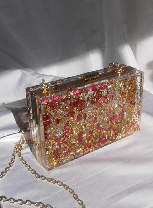 Resin Clutch Bag with Red Flowers & Gold Foil | Transparent Party Purse