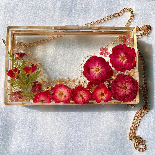 Resin Clutch Bag with Red Flowers | Transparent Floral Purse with Gold Chain