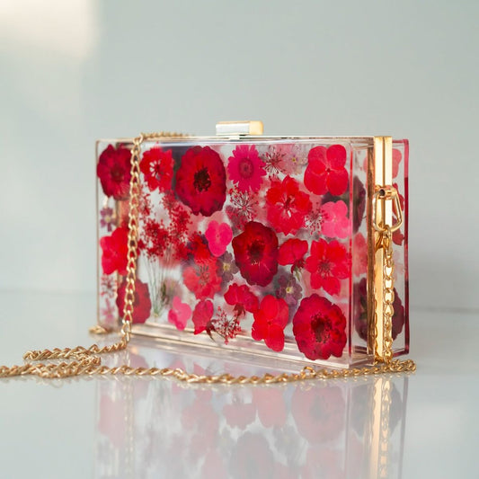 Red Floral Resin Clutch Bag | Transparent Flower Purse with Gold Chain