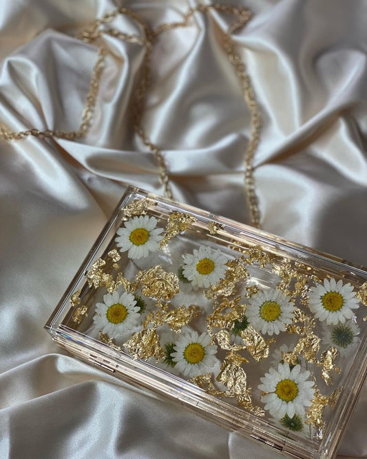Daisy Resin Clutch Bag | Clear Floral Purse with Gold Foil & Chain