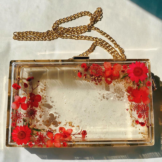 Resin Clutch Bag with Red Flowers | Transparent Floral Purse with Gold Chain