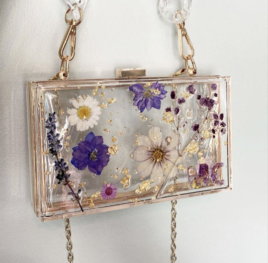 Resin Flower Clutch Bag | Transparent Floral Purse with Gold Foil