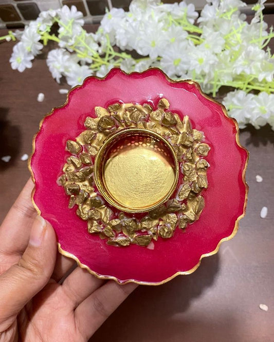Pack-2 Handmade Red Resin Diya Holder with Golden Stone Embellishments