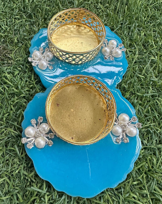 Pack-2 Blue Resin Diya Holder with Pearl & Stone Embellishments