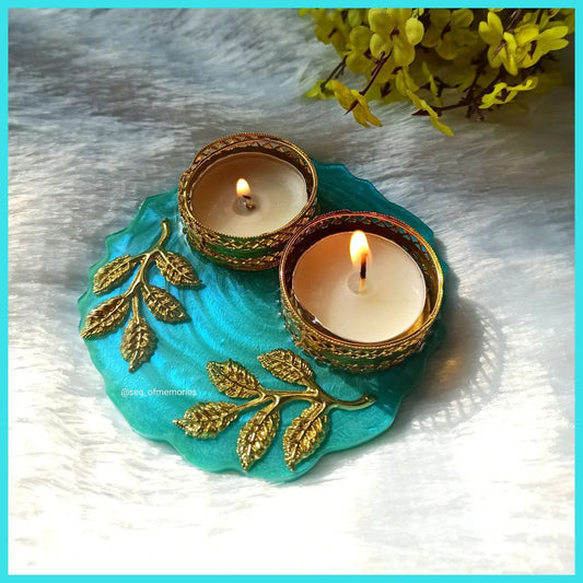 Teal Resin Diya Holder with Golden Leaf Design & Tealight Stands