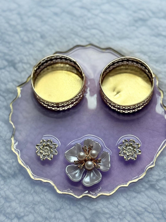Resin Pooja Dish with Floral Pearl Embellishment & Dual Diya Holders