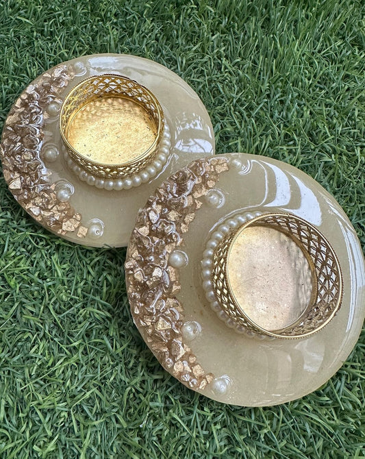 Pack-2 Resin Diya Holder with Golden Base & Pearl Embellishments