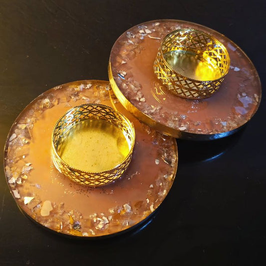 Pack-2 Golden Crystal Edge Resin Diya Holder – Round Design with Embedded Stones