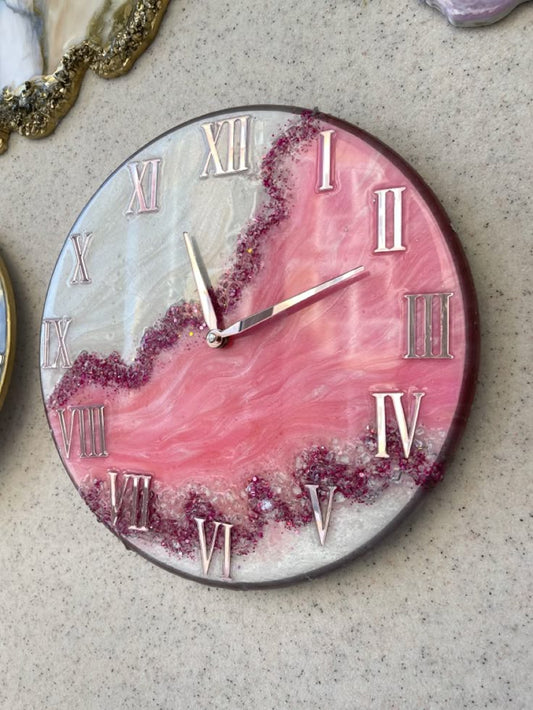 Luxury Pink & Silver Resin Wall Clock – Handmade Epoxy Roman Numeral Timepiece