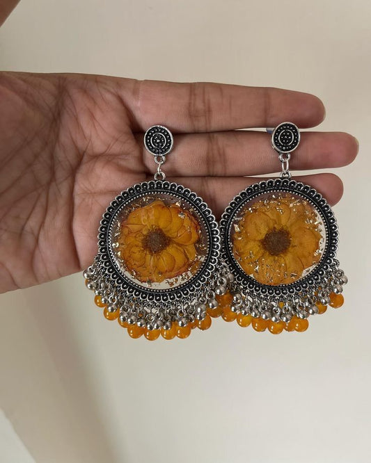 Resin Art Earrings with Yellow Flowers | Ethnic Floral Resin Jewelry