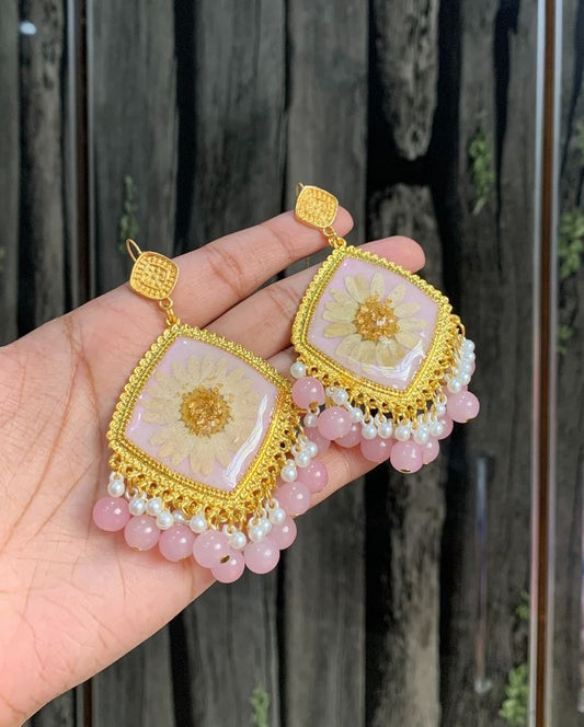 Pink Daisy Resin Earrings | Ethnic Floral Jewelry with Golden Frame