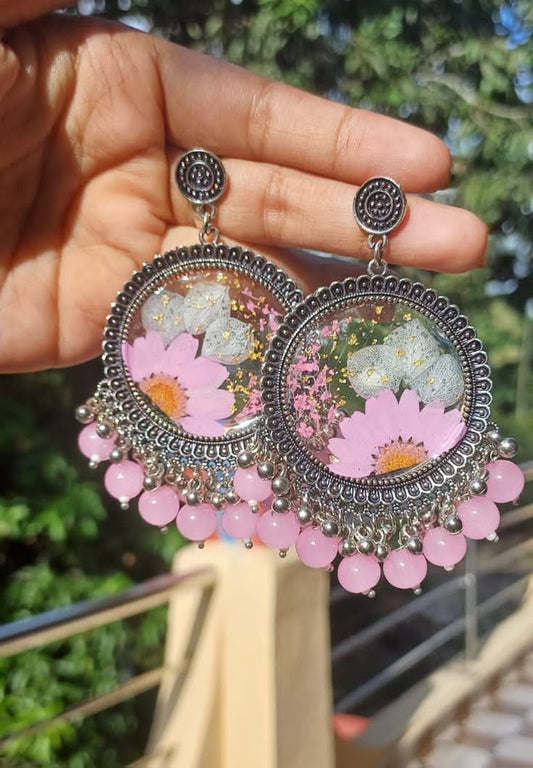 Pink Floral Resin Earrings | Ethnic Statement Jewelry with Beads