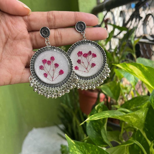 Resin Earrings with Pink Flowers | Ethnic Floral Resin Jewelry