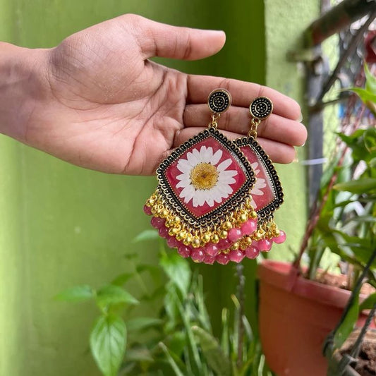 Red Resin Earrings with Real Flowers | Ethnic Floral Dangle Jewelry