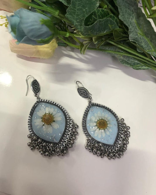 Blue Resin Earrings with Daisy Flowers | Ethnic Floral Jewelry