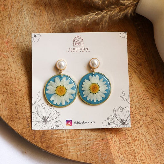 Blue Resin Earrings with Real Daisy Flowers | Pearl Top Dangle Jewelry