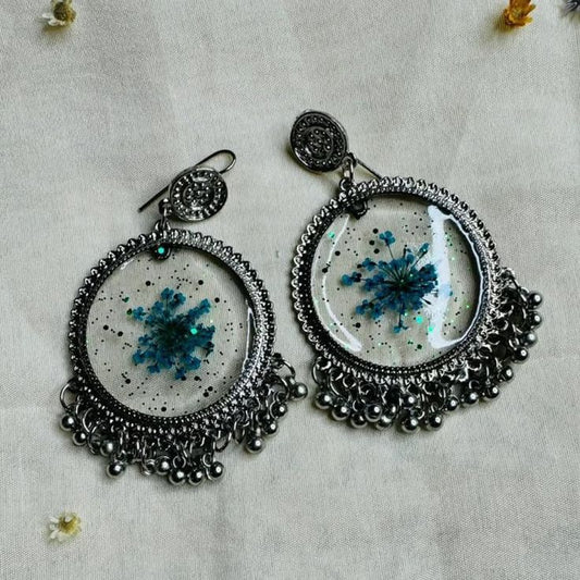Blue Resin Earrings with Real Flowers | Ethnic Silver Dangle Jewelry