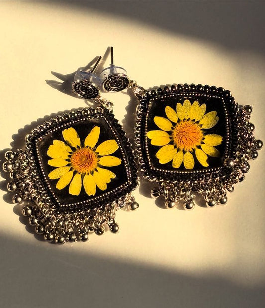 Yellow Resin Earrings with Real Flowers | Ethnic Silver Statement Jewelry