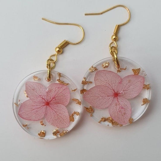 Pink Resin Earrings with Flowers | Round Floral Drop Earrings
