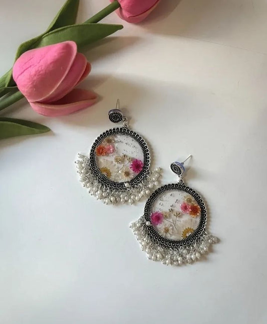 Multicolor Floral Resin Earrings | Ethnic Silver Dangle Jewelry with Pearls