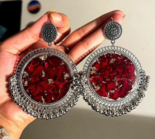 Red Resin Earrings with Flowers | Ethnic Statement Jewelry