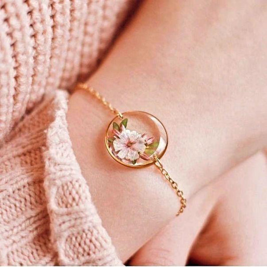 Round Resin Bracelet with Real Pink Blossom – Handmade Floral Jewelry