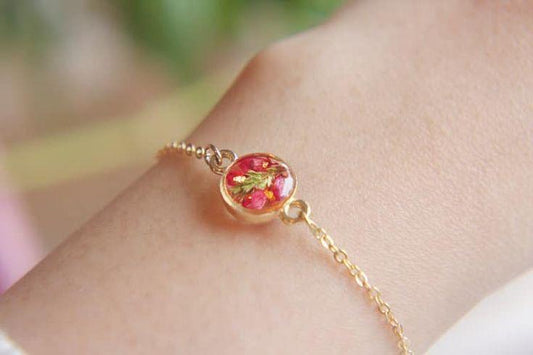 Round Resin Bracelet with Real Red Flowers – Handmade Nature Jewelry