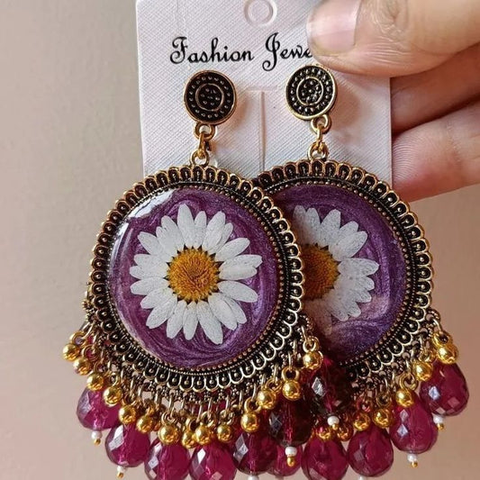 Purple Daisy Resin Earrings | Ethnic Floral Statement Jewelry