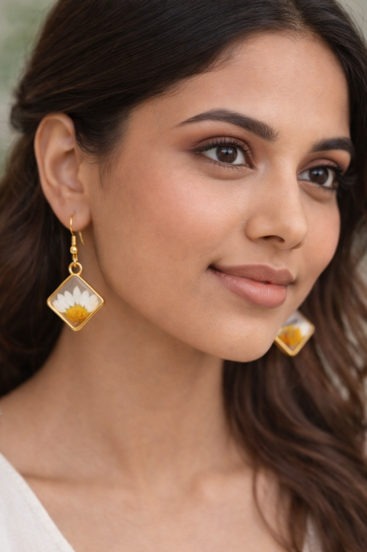 Square Resin Earrings with Real Daisy Flowers | Minimalist Floral Jewelry