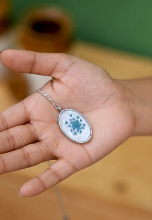 Real Blue Flower Resin Pendant Necklace – Oval Silver Charm
