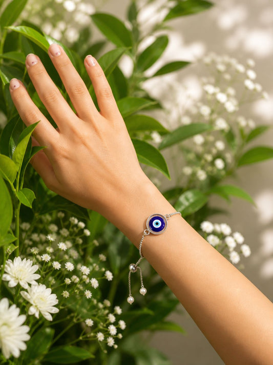 Elegant Evil Eye Adjustable Bracelet – Silver Tone Protection Charm