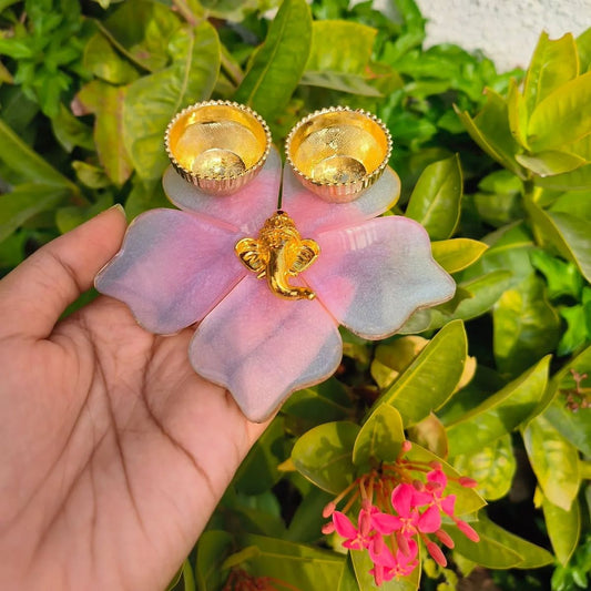 Floral Resin Pooja Platter with Golden Bowls & Ganesha Idol