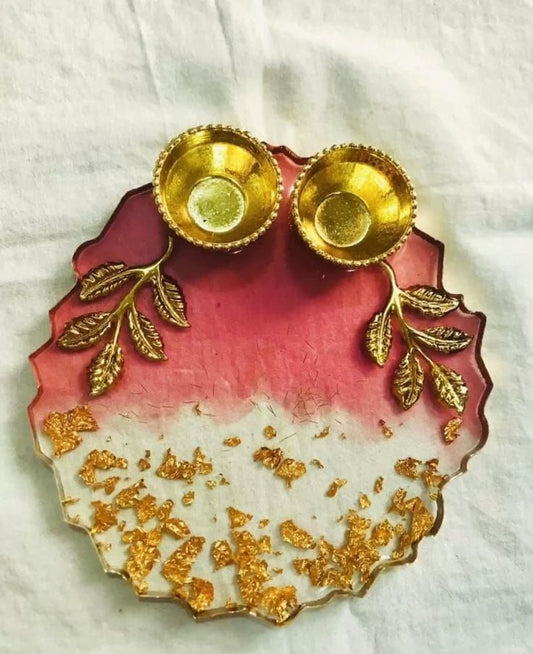 Red & White Resin Pooja Platter with Golden Bowls & Leaf Design