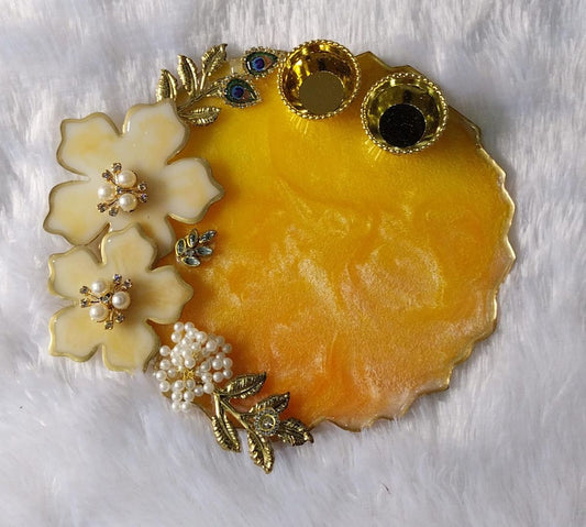 Yellow Resin Pooja Platter with Floral & Pearl Embellishments