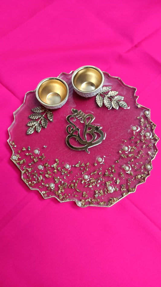 Transparent Resin Pooja Platter with Ganesha Design, Pearls & Golden Bowls