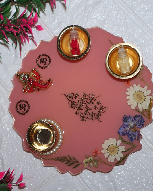 Pink Resin Pooja Platter with Ganesha Idol, Floral Design & Golden Bowls