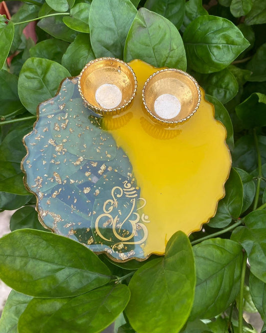 Yellow & Transparent Resin Pooja Platter with Golden Bowls & Ganesha Design