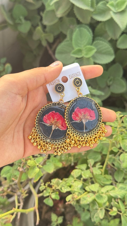 Red Pressed Flower Gold Boho Statement Earrings